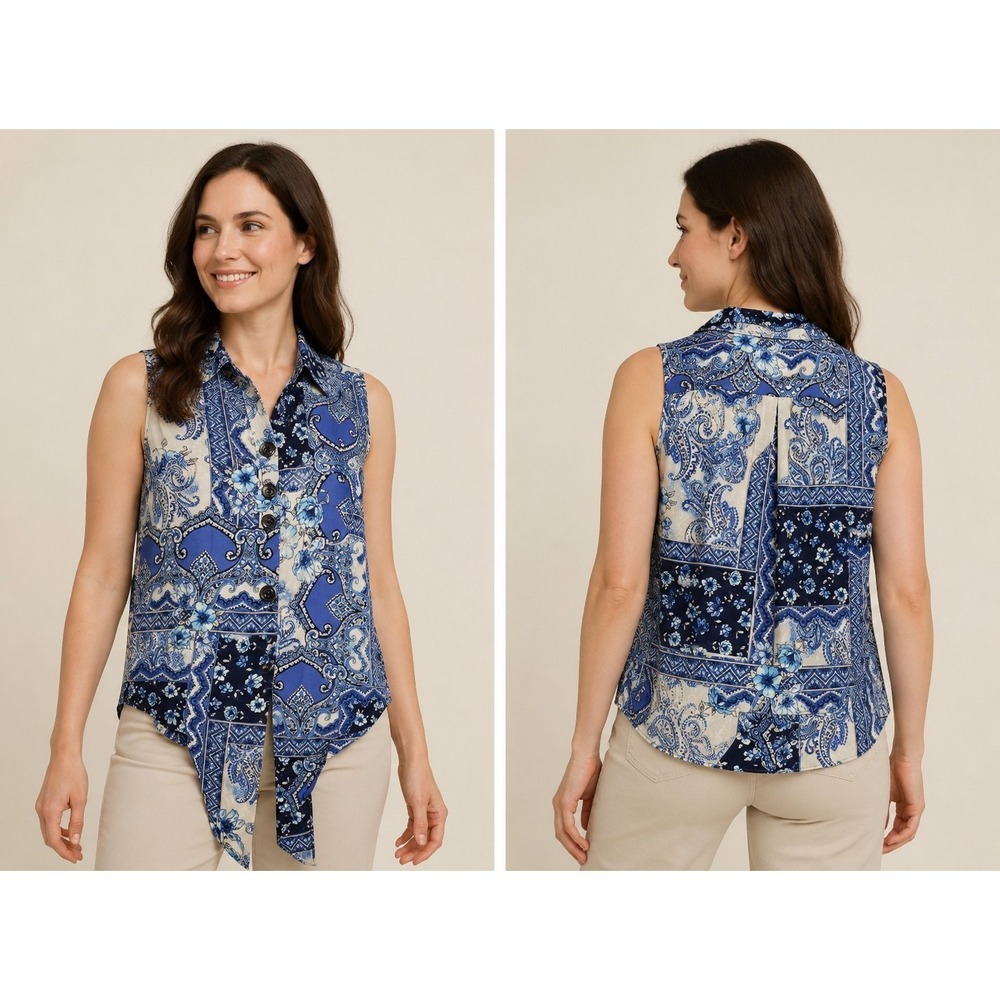 EST. 1946 Women's 14/16W Blue Paisley Floral Sleeveless Tie Front Blouse Plus